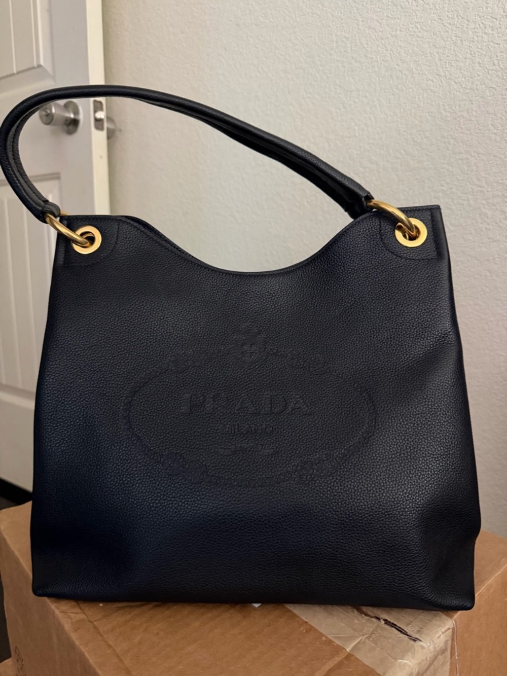 Prada Black Pebbled Leather Shoulder Bag with Gold Hardware